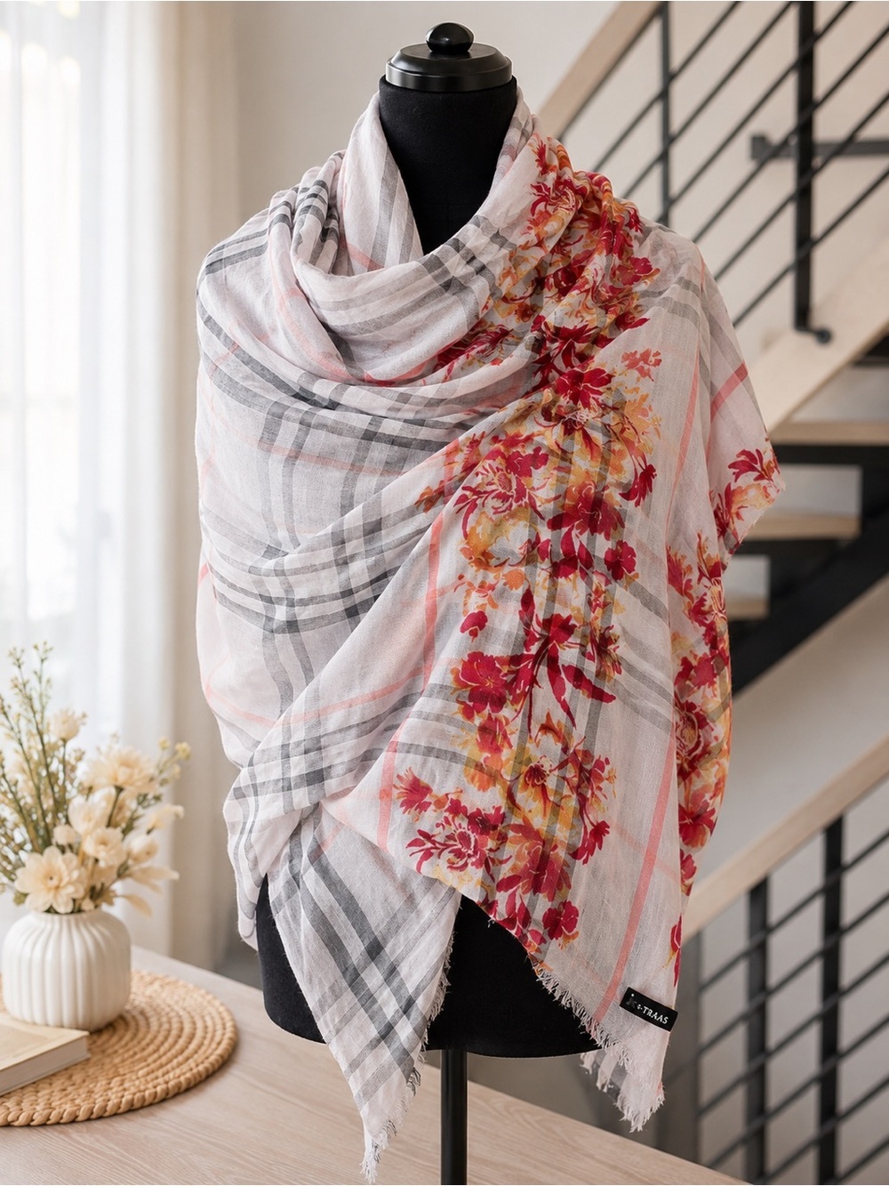 Floral Plaid Lightweight Scarf - Red, Yellow, Gray on White